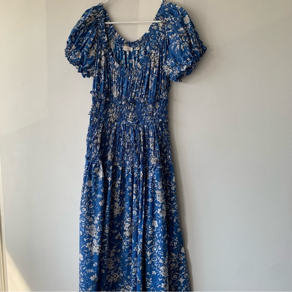 Doen Leanne Cotton Shirred Smocked Midi Maxi Dress Jardins De La Fontaine Blue - Picture 7 of 12